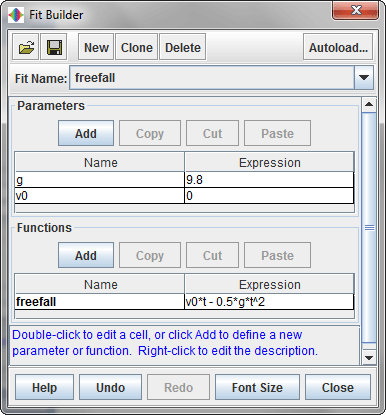 Fit Builder with user-defined fit function "freefall"